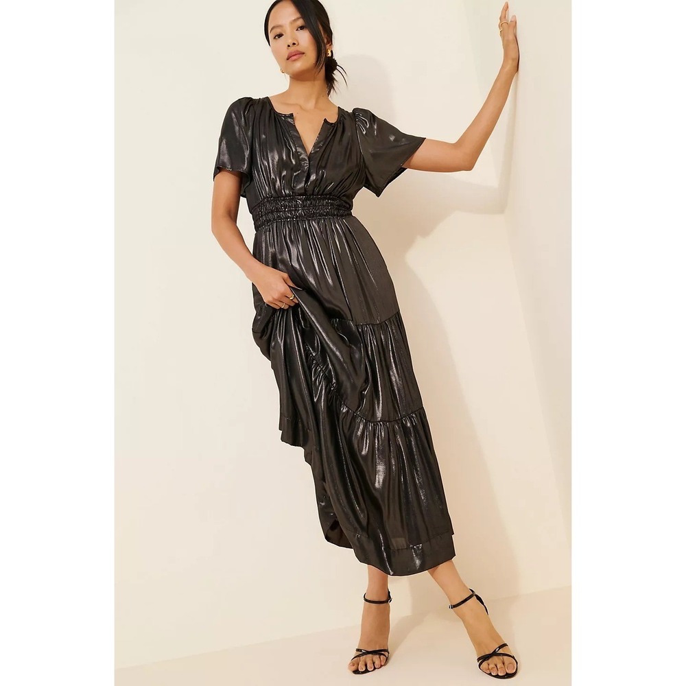 Anthropologie Dress Womens Small Somerset Maxi Tiered Shine Edition Black